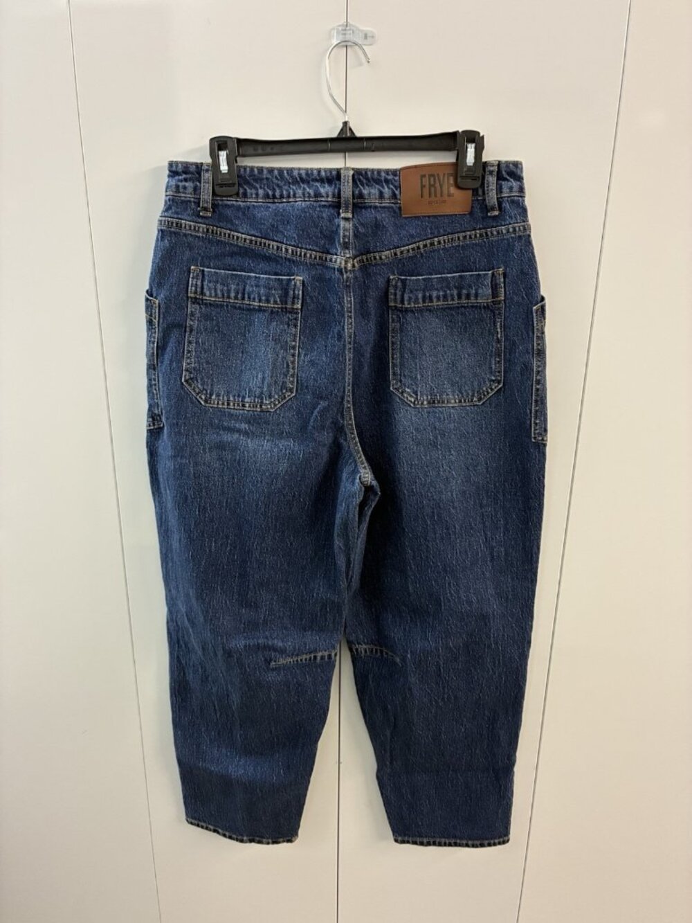FRYE Barrel Jeans Blue Denim Button Fly Patch Pockets Solid Medium Wash Womens 8